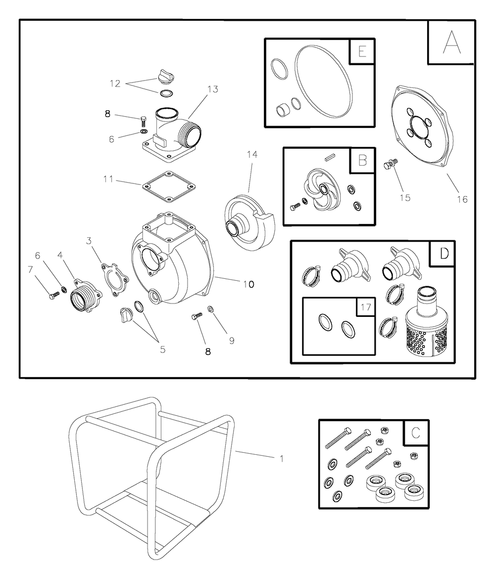 Main Unit Diagram and Parts List for 073003-1-240GPM  Briggs and Stratton Water Pump